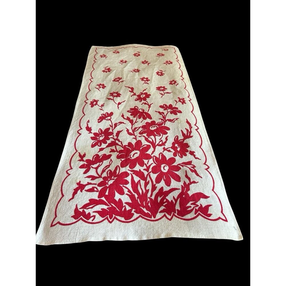 VTG Tea Towel Linen Kitchen Wall Art Decor 1950s Red White Floral Swedish Danish